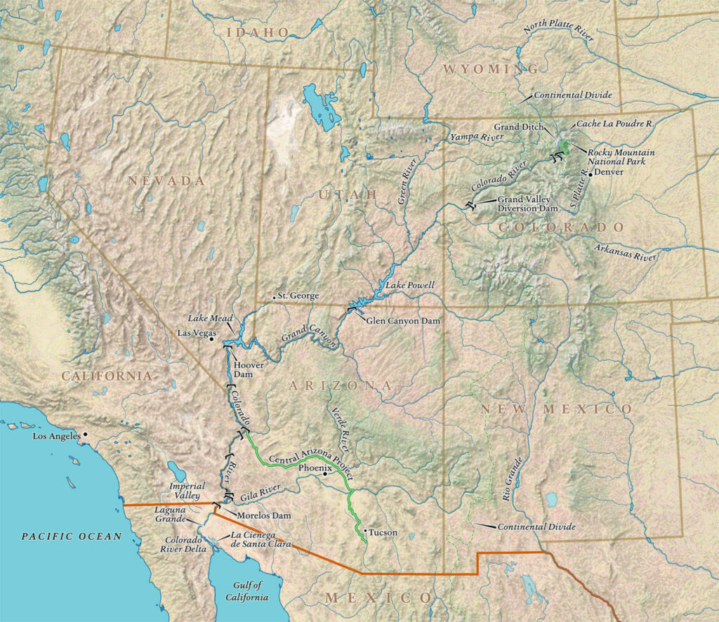 The Colorado flows 1,450 miles from its source in Colorado to the southwest, ending just short of the Gulf of California. Map by David Lindroth