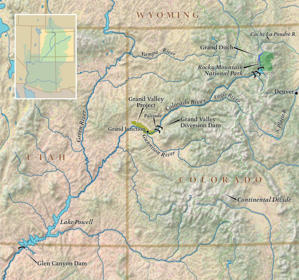 The Grand Valley, a major agricultural zone in western Colorado, depends on water from the Colorado River. MAP BY DAVID LINDROTH