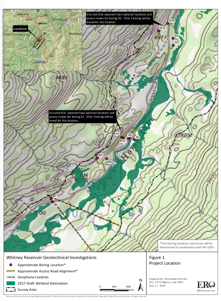 This map shows the location of test holes Homestake Partners plans to drill as part of its geotechnical investigation into the feasibility of a dam site in the Homestake Creek valley. The Forest Service has received more than 500 comments, most of them in opposition to, the drilling and the overall reservoir project. Photo by courtesy U.S. Forest Service.