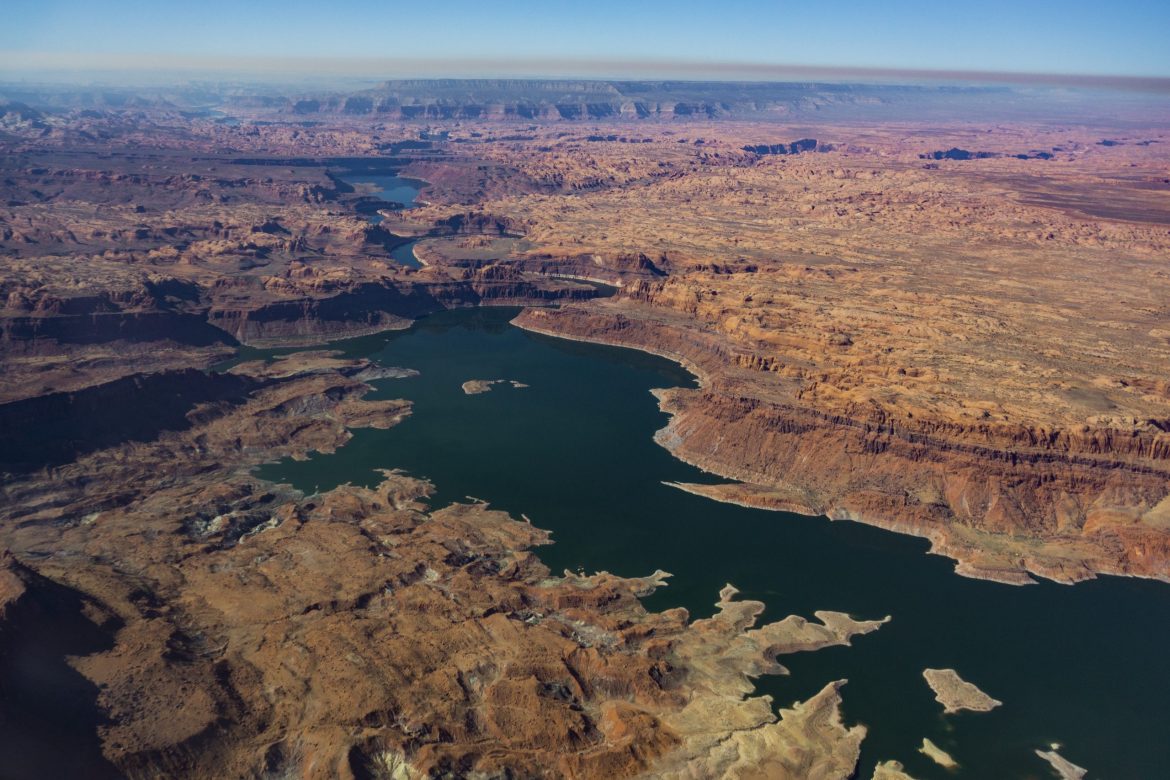 Lake Powell is seen in a November 2019 aerial photo from the nonprofit EcoFlight. Data that shows streamflows are declining more in the southern part of the upper Colorado River basin could influence how the state of Colorado develops a program that would pay water users to use less and send the saved water downstream to Lake Powell. CREDIT: ECOFLIGHT