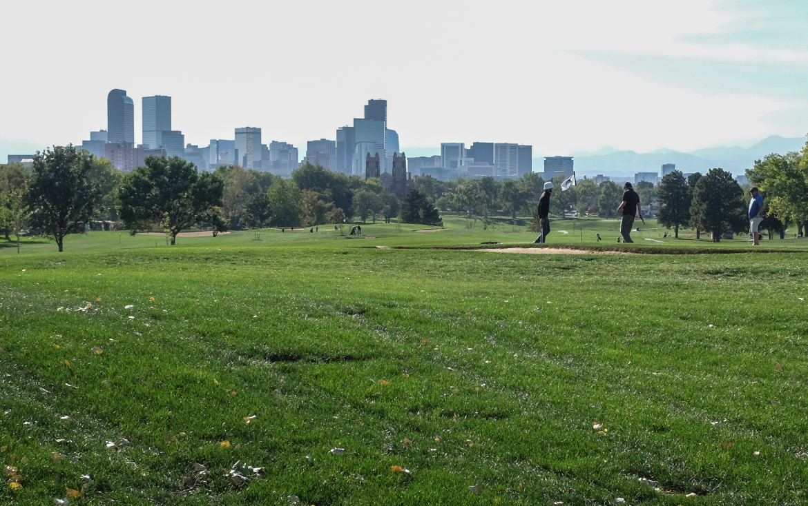Golfers take shots on the green lawns of the City Park Golf Course in central Denver on Sept. 28 2020. Denver Water has signed an MOU to the Bureau of Reclamation committing to reducing water use.
CREDIT: LINDSAY FENDT / ASPEN JOURNALISM