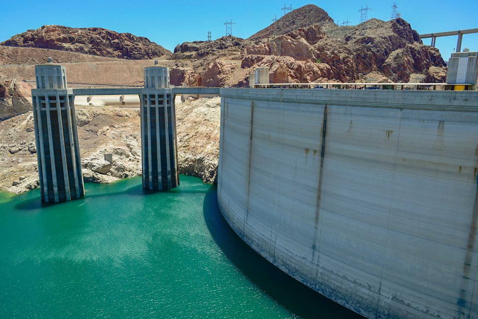 Hoover Dam’s intake towers protrude from the surface of Lake Mead near Las Vegas, where water levels have dropped to record lows amid a 22-year drought. (Source: Bureau of Reclamation)